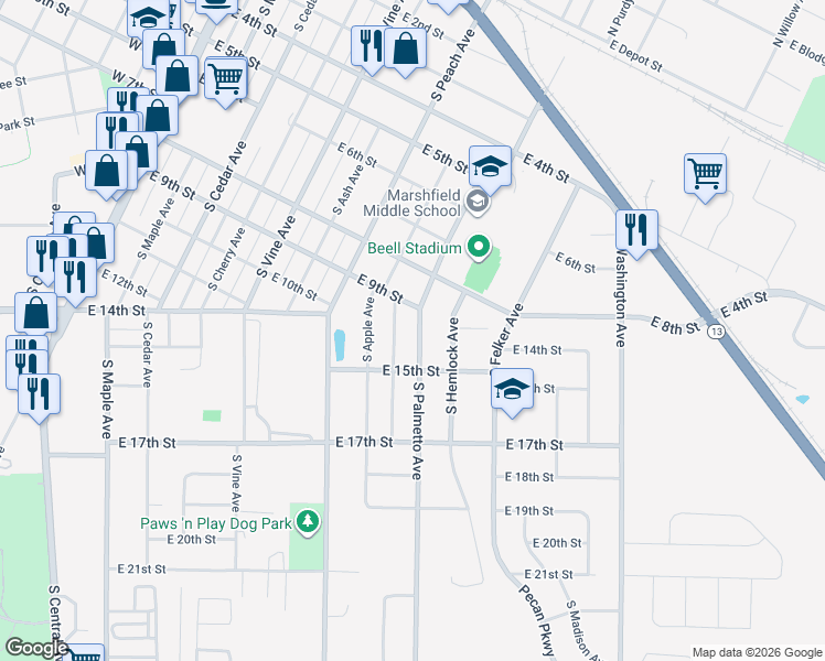 map of restaurants, bars, coffee shops, grocery stores, and more near 1406 South Palmetto Avenue in Marshfield