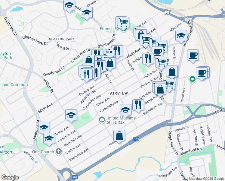 map of restaurants, bars, coffee shops, grocery stores, and more near 76 Coronation Avenue in Halifax