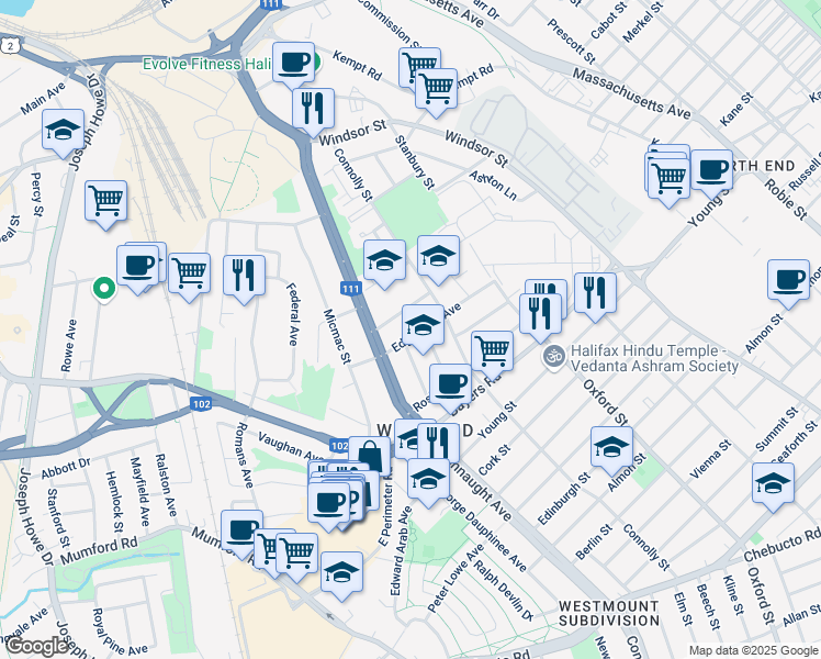 map of restaurants, bars, coffee shops, grocery stores, and more near 6533 Edgewood Avenue in Halifax