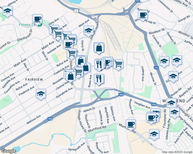 map of restaurants, bars, coffee shops, grocery stores, and more near Desmond Avenue in Halifax
