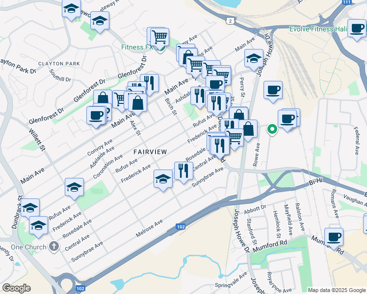 map of restaurants, bars, coffee shops, grocery stores, and more near in Halifax