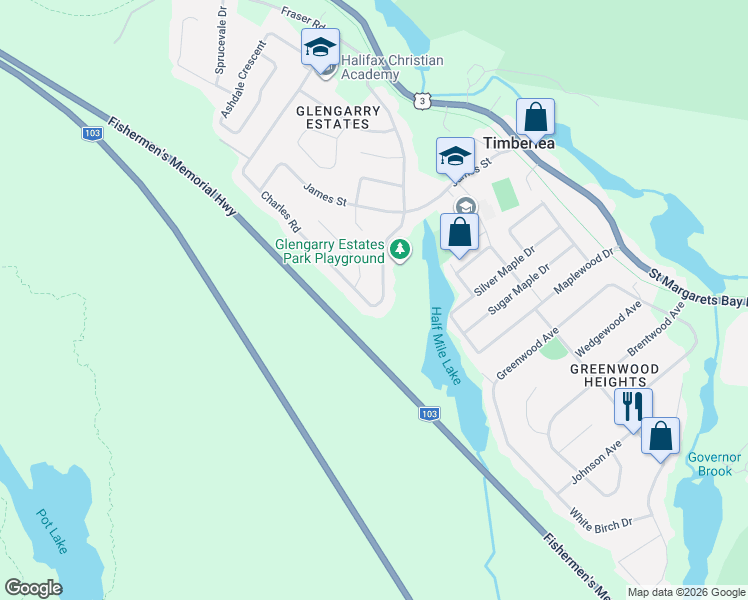 map of restaurants, bars, coffee shops, grocery stores, and more near 267 Charles Road in Timberlea