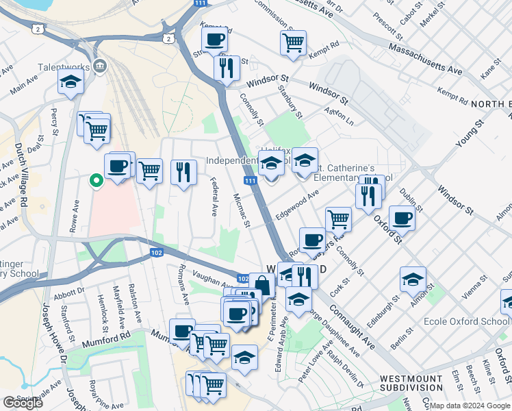 map of restaurants, bars, coffee shops, grocery stores, and more near 3302 Connaught Avenue in Halifax