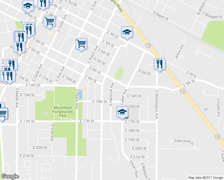 map of restaurants, bars, coffee shops, grocery stores, and more near 1108 Weister Ct in Marshfield