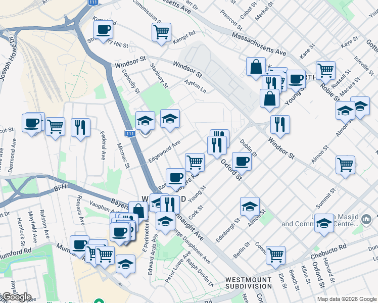 map of restaurants, bars, coffee shops, grocery stores, and more near 6452 Cloverdale Road in Halifax