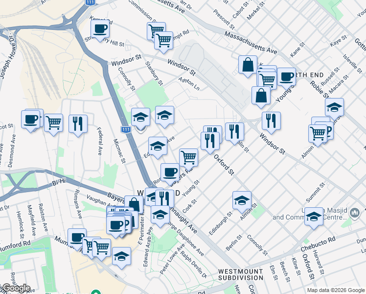 map of restaurants, bars, coffee shops, grocery stores, and more near 6452 Cloverdale Road in Halifax