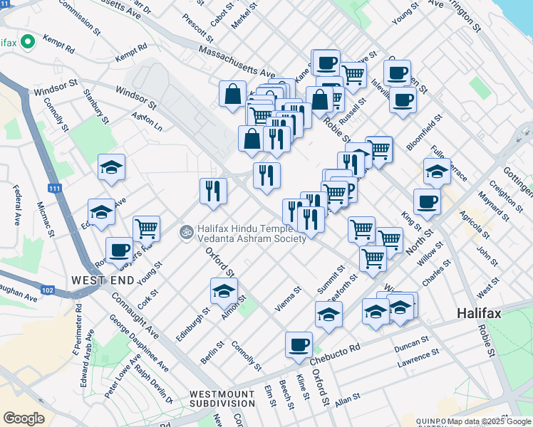 map of restaurants, bars, coffee shops, grocery stores, and more near in Halifax