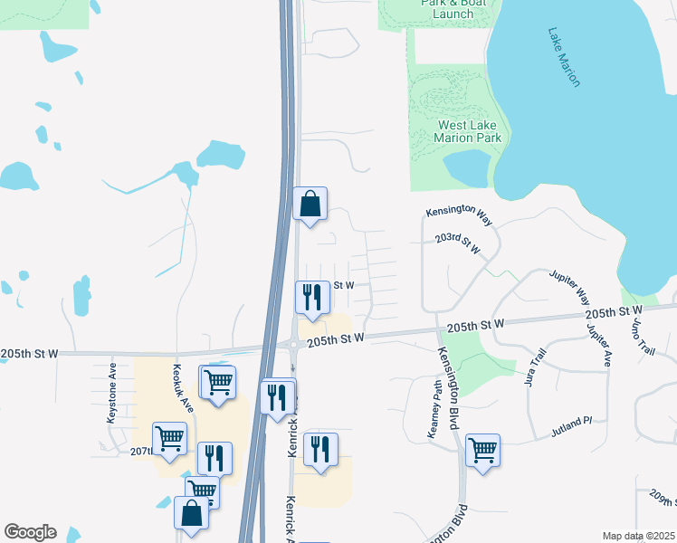 map of restaurants, bars, coffee shops, grocery stores, and more near 11189 204th Street West in Lakeville