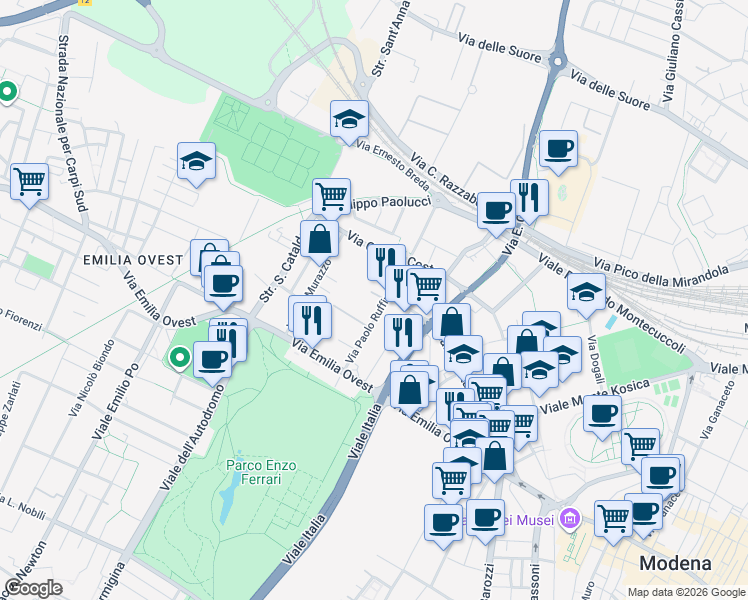 map of restaurants, bars, coffee shops, grocery stores, and more near 157 Via Paolo Ruffini in Modena
