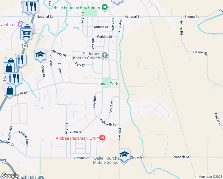 map of restaurants, bars, coffee shops, grocery stores, and more near 1206 Union Street in Belle Fourche