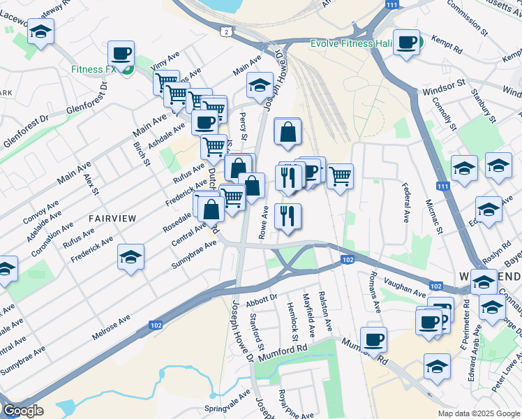 map of restaurants, bars, coffee shops, grocery stores, and more near 3443 Rowe Avenue in Halifax