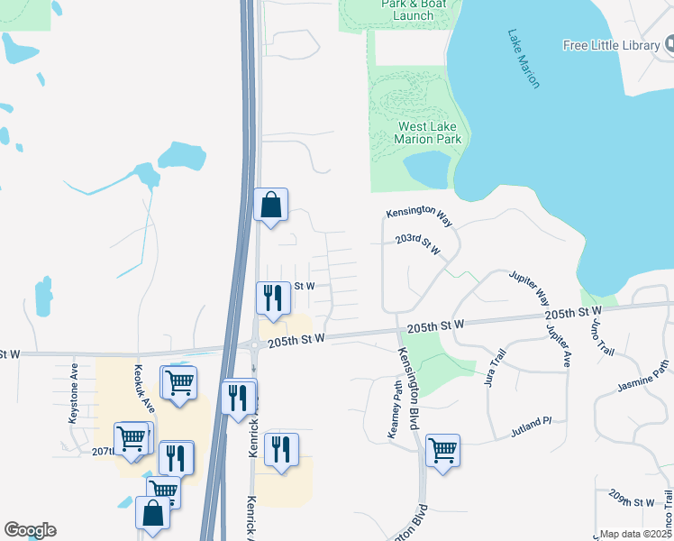 map of restaurants, bars, coffee shops, grocery stores, and more near 20350 Kensfield Trail in Lakeville