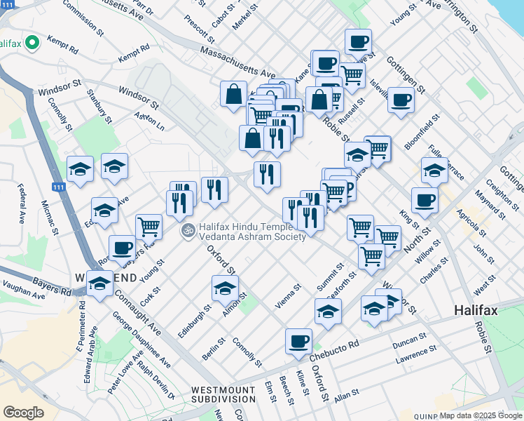 map of restaurants, bars, coffee shops, grocery stores, and more near 6266 Liverpool Street in Halifax