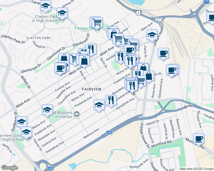 map of restaurants, bars, coffee shops, grocery stores, and more near 43 Frederick Avenue in Halifax