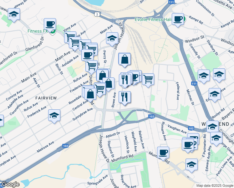 map of restaurants, bars, coffee shops, grocery stores, and more near 3451 Rowe Avenue in Halifax