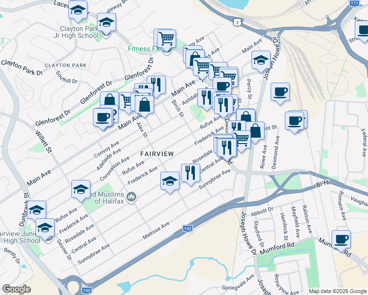 map of restaurants, bars, coffee shops, grocery stores, and more near 43 Frederick Avenue in Halifax