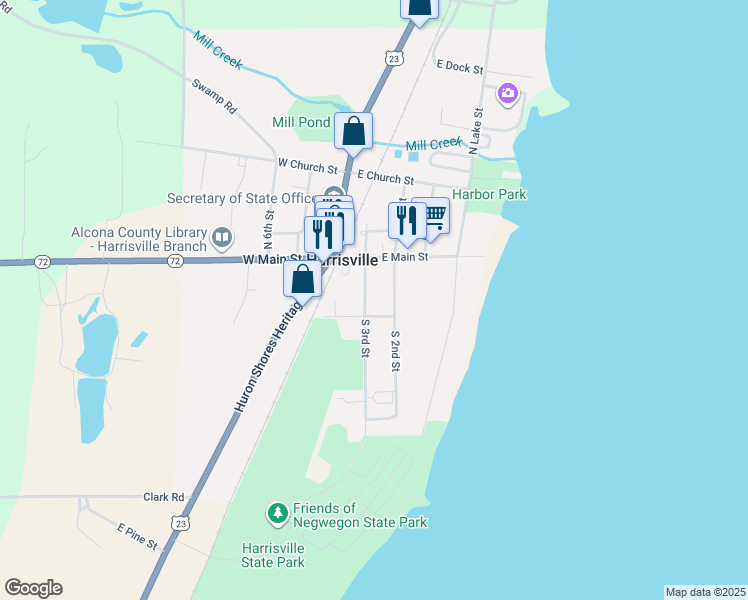 map of restaurants, bars, coffee shops, grocery stores, and more near 101-299 South 3rd Street in Harrisville