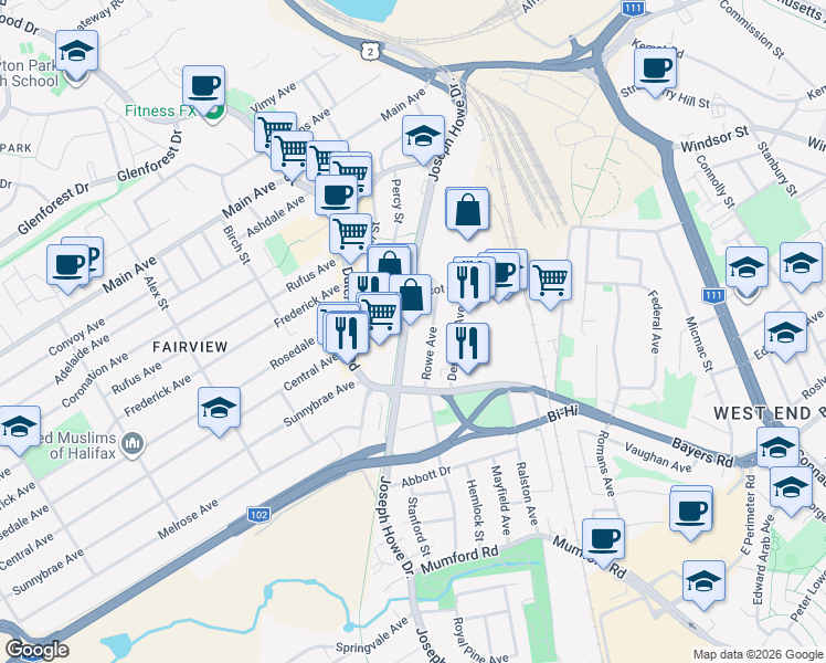 map of restaurants, bars, coffee shops, grocery stores, and more near 3465 Joseph Howe Drive in Halifax