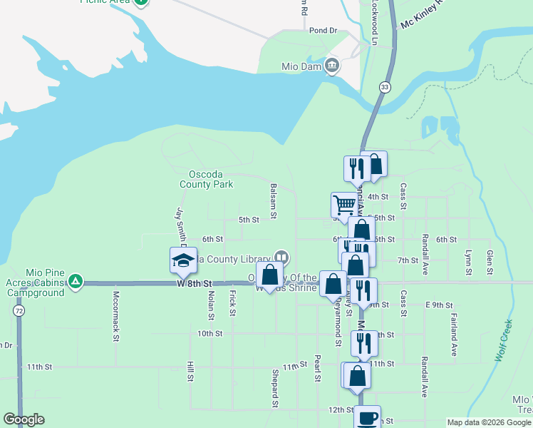 map of restaurants, bars, coffee shops, grocery stores, and more near Balsam Street in Mio