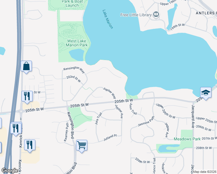 map of restaurants, bars, coffee shops, grocery stores, and more near 20339 Jupiter Way in Lakeville
