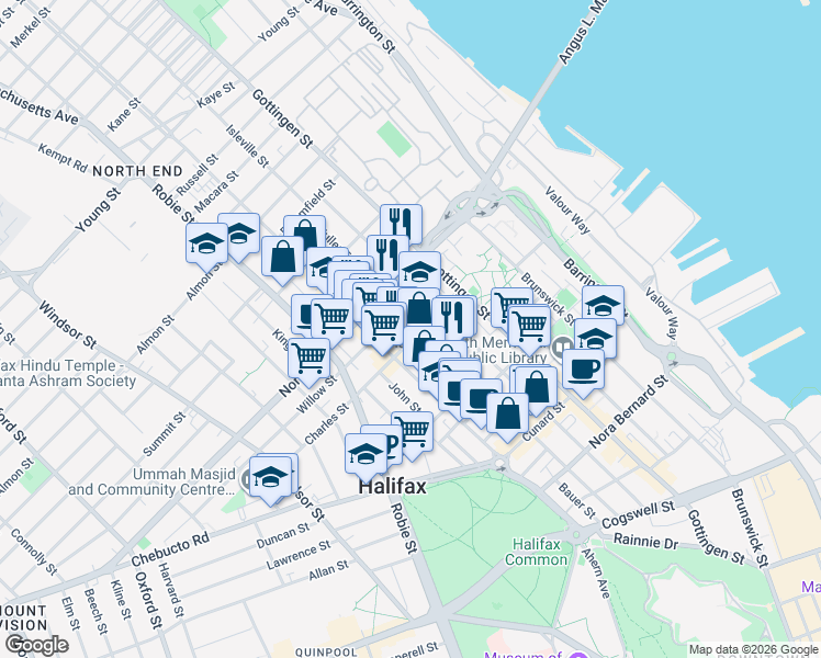 map of restaurants, bars, coffee shops, grocery stores, and more near 2540 Maynard Street in Halifax