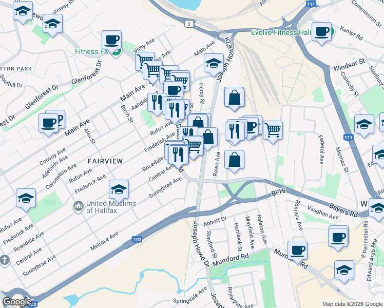 map of restaurants, bars, coffee shops, grocery stores, and more near 3471 Dutch Village Road in Halifax