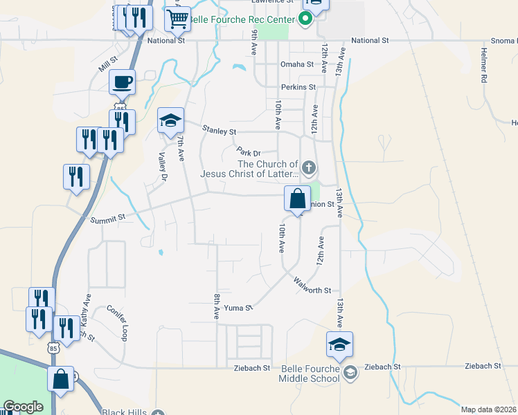 map of restaurants, bars, coffee shops, grocery stores, and more near 2030 10th Avenue in Belle Fourche