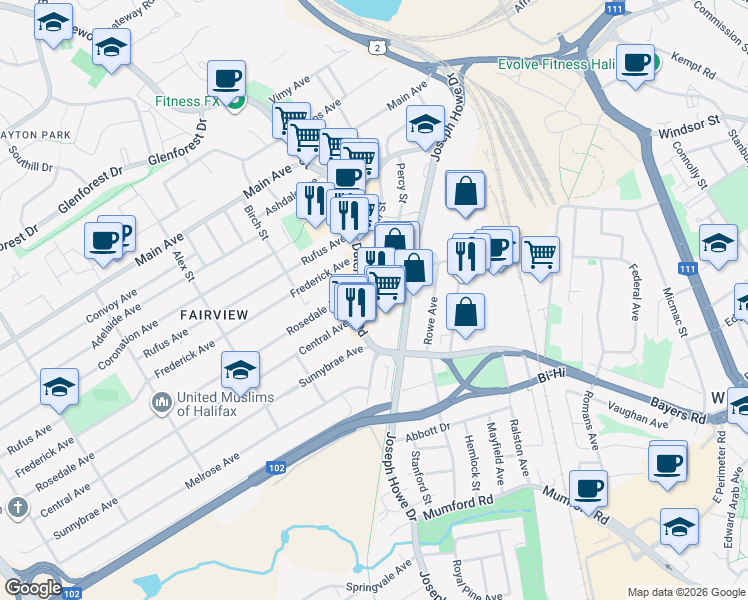 map of restaurants, bars, coffee shops, grocery stores, and more near 3471 Dutch Village Road in Halifax
