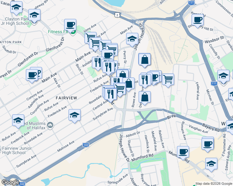 map of restaurants, bars, coffee shops, grocery stores, and more near 3471 Dutch Village Road in Halifax
