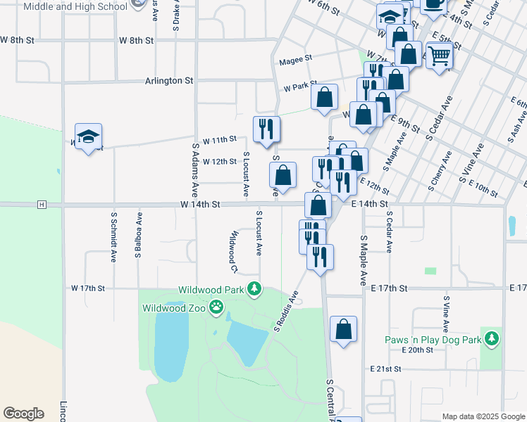 map of restaurants, bars, coffee shops, grocery stores, and more near 310 West 14th Street in Marshfield