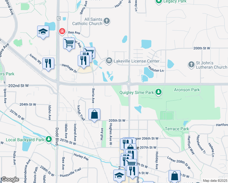 map of restaurants, bars, coffee shops, grocery stores, and more near 20321 Hunter Court in Lakeville