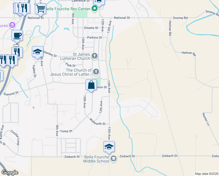map of restaurants, bars, coffee shops, grocery stores, and more near 1909 13th Avenue in Belle Fourche