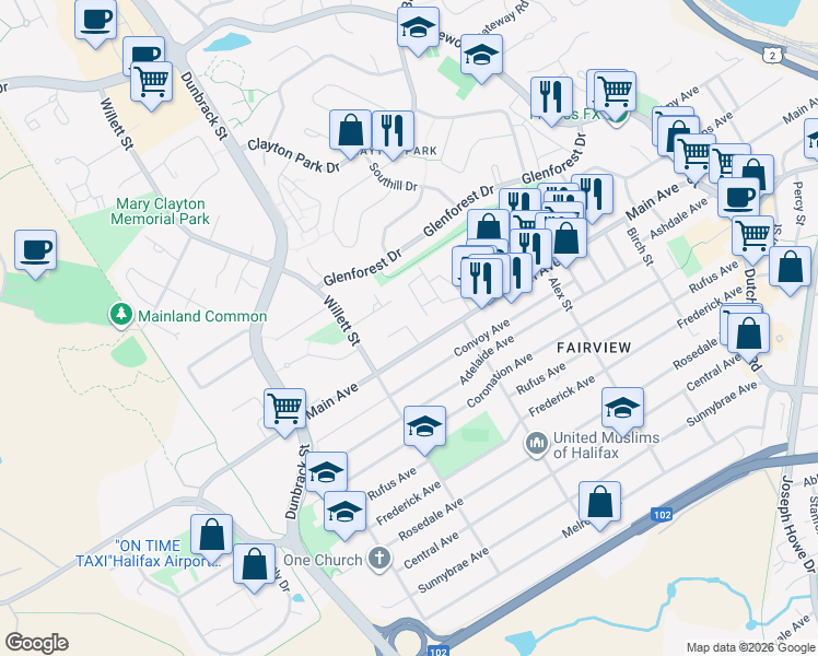 map of restaurants, bars, coffee shops, grocery stores, and more near Kingsmere Court in Halifax