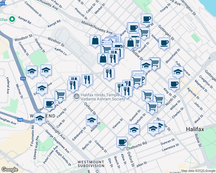 map of restaurants, bars, coffee shops, grocery stores, and more near 2938 Windsor Street in Halifax