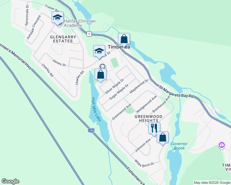 map of restaurants, bars, coffee shops, grocery stores, and more near 40 Sugar Maple Drive in Timberlea