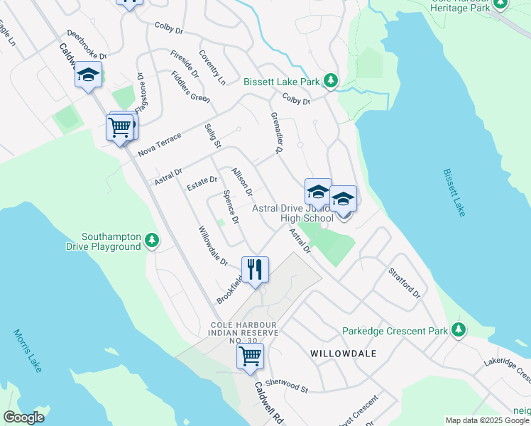 map of restaurants, bars, coffee shops, grocery stores, and more near 74 Allison Drive in Dartmouth