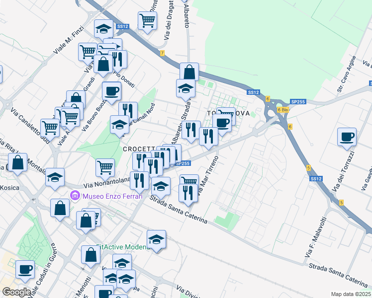 map of restaurants, bars, coffee shops, grocery stores, and more near 38-68 Via Filippo Turati in Modena