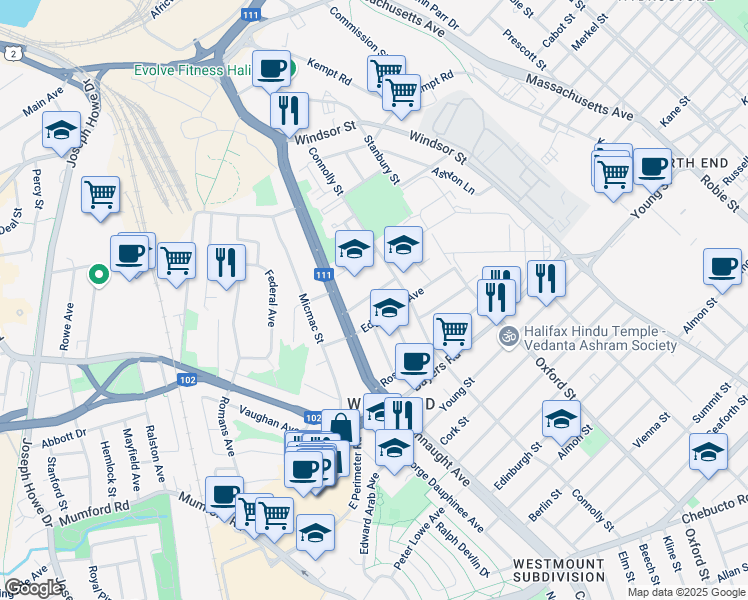 map of restaurants, bars, coffee shops, grocery stores, and more near 6524 Edgewood Avenue in Halifax