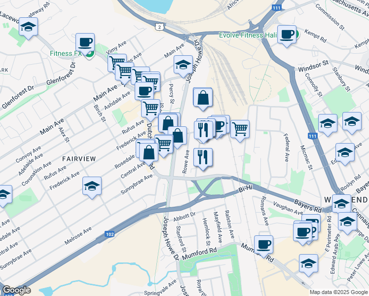 map of restaurants, bars, coffee shops, grocery stores, and more near 3464 Rowe Avenue in Halifax