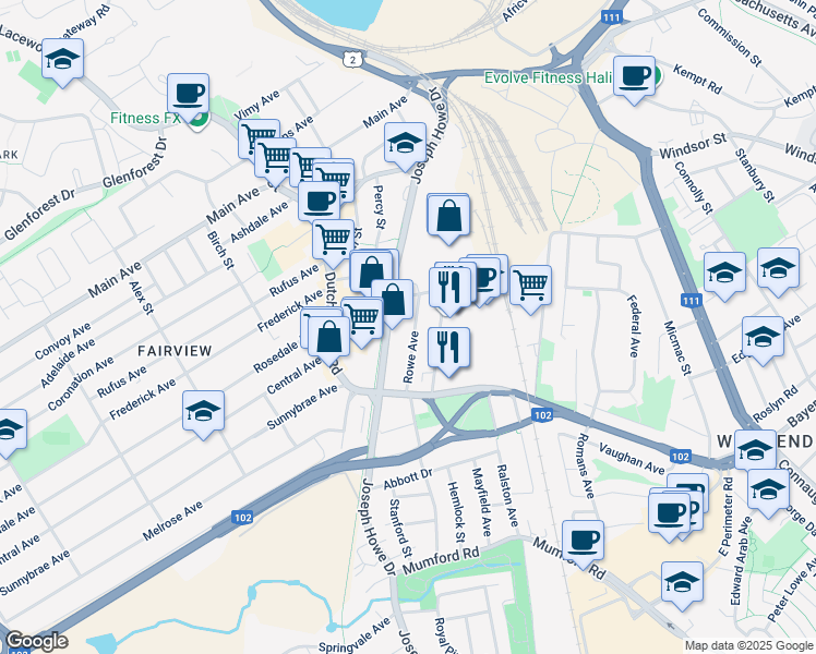 map of restaurants, bars, coffee shops, grocery stores, and more near 3464 Rowe Avenue in Halifax