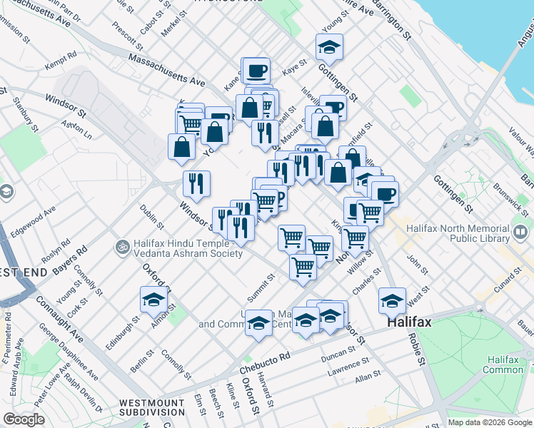 map of restaurants, bars, coffee shops, grocery stores, and more near 6150 Almon Street in Halifax