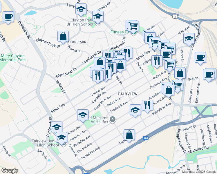 map of restaurants, bars, coffee shops, grocery stores, and more near in Halifax