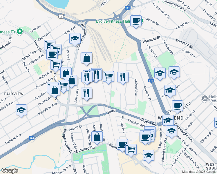map of restaurants, bars, coffee shops, grocery stores, and more near 6969 Bayers Road in Halifax