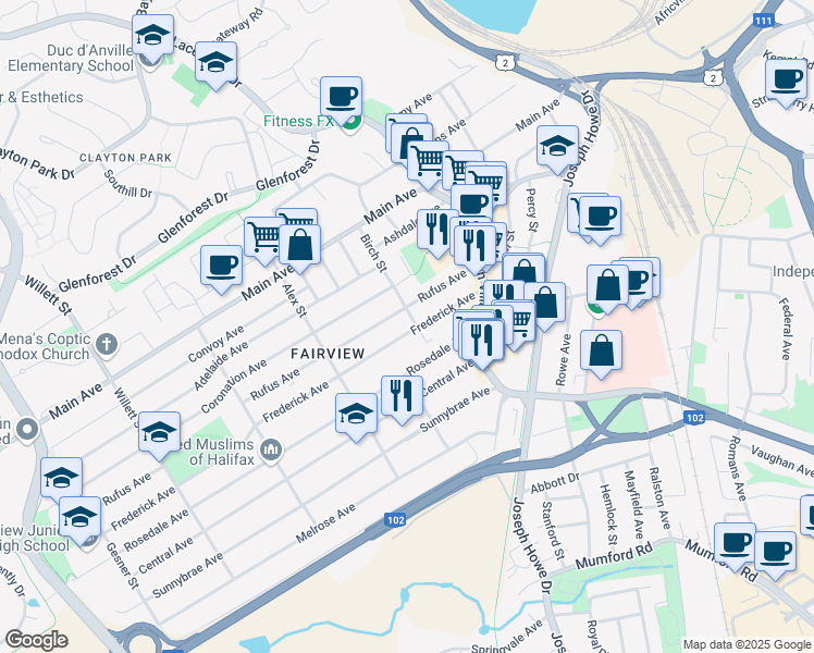 map of restaurants, bars, coffee shops, grocery stores, and more near 33 Frederick Avenue in Halifax