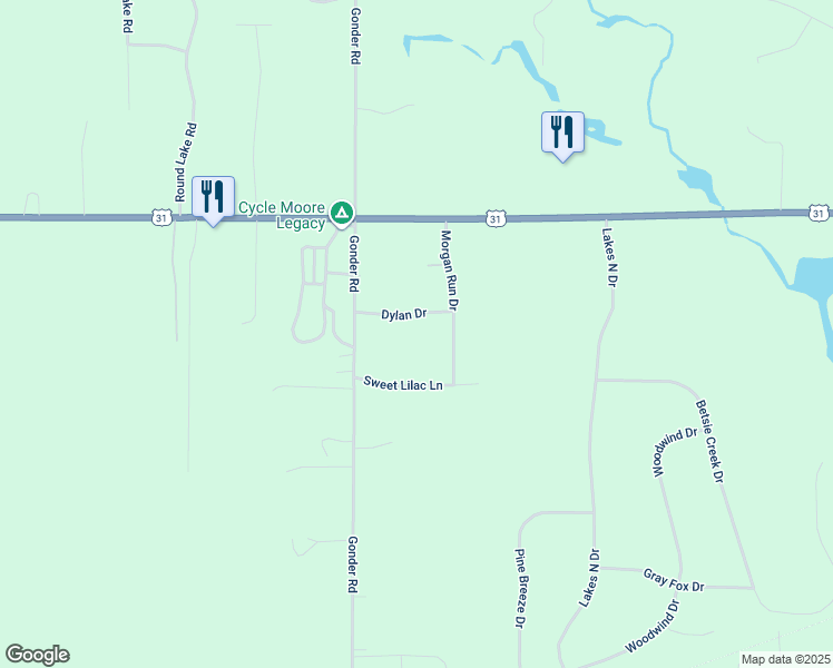 map of restaurants, bars, coffee shops, grocery stores, and more near Morgan Run Drive in Interlochen