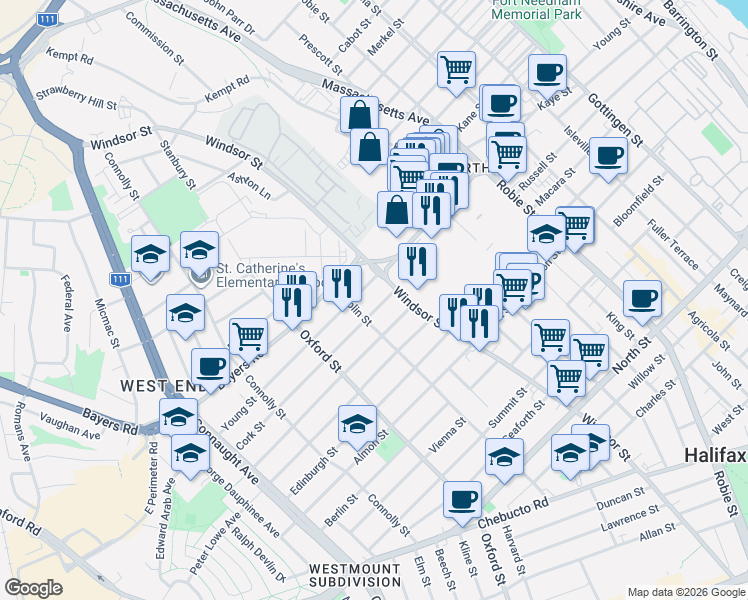 map of restaurants, bars, coffee shops, grocery stores, and more near 6291 Cork Street in Halifax