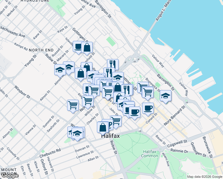 map of restaurants, bars, coffee shops, grocery stores, and more near in Halifax