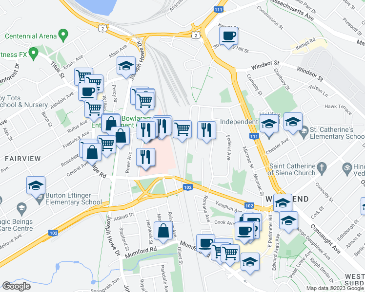 map of restaurants, bars, coffee shops, grocery stores, and more near 6969 Bayers Road in Halifax