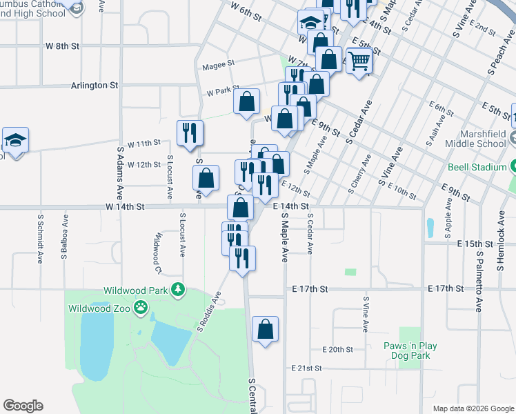 map of restaurants, bars, coffee shops, grocery stores, and more near 1409 South Central Avenue in Marshfield