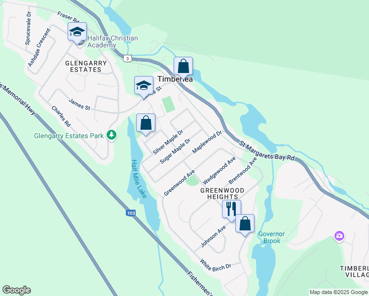 map of restaurants, bars, coffee shops, grocery stores, and more near 71 Maplewood Drive in Timberlea